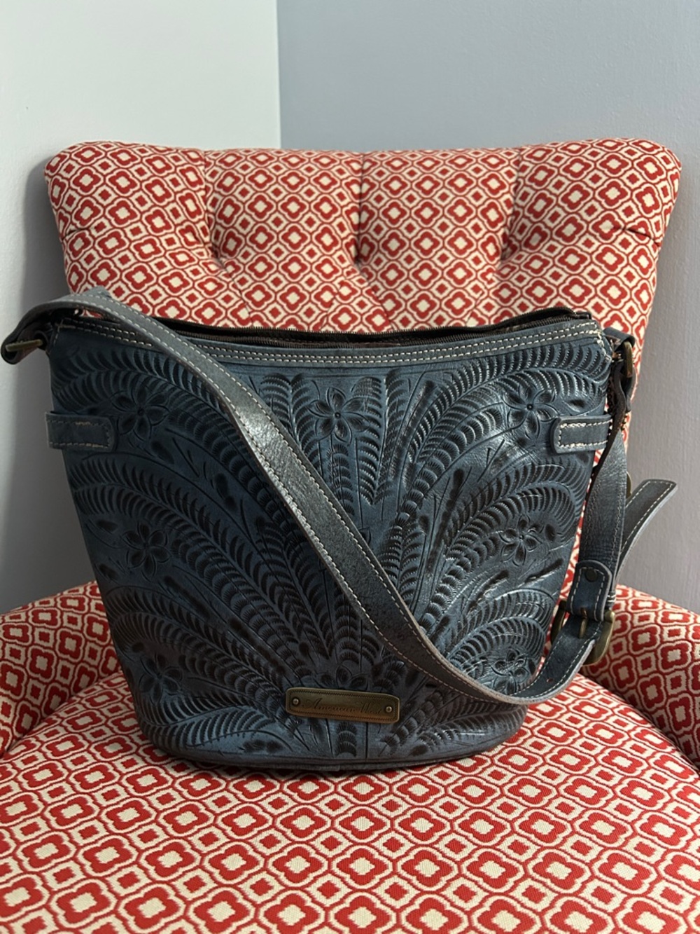 American West: Tooled Leather Hand Bag in Dark Teal Blue
